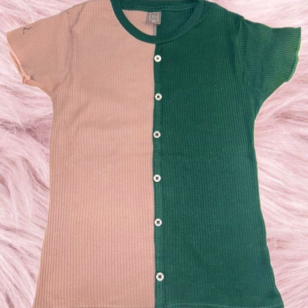Two-Tone Button-Down Tee – Green & Cream Everyday Style Earthy Elegance for Kids